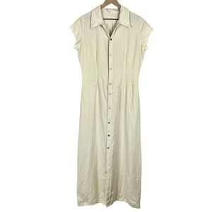 Vintage AGOLDE 100% Linen 90s Made in USA Full Button Maxi Shirt Dress Cream Med